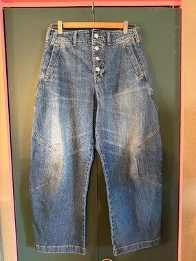 Pilcro Barrel Leg Jean, button front, buckle back, size 29